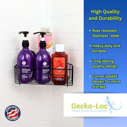 Gecko-Loc Corner Bathroom Shower Caddy shelf organizer suction cup wall storage basket - bath kitchen shampoo accessories shelves organizers caddies - Black