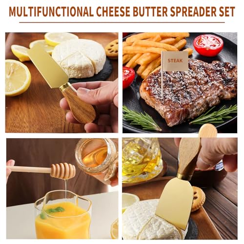 46Pcs Charcuterie Boards Accessories Small Serving Utensil Set Cheese Butter Spreader Knives Mini Stainless Steel Cutlery Tong Spoon Fork Bowl Wooden Toothpick for Kitchen Wedding Christmas Gift(Gold) 46Pcs Gold