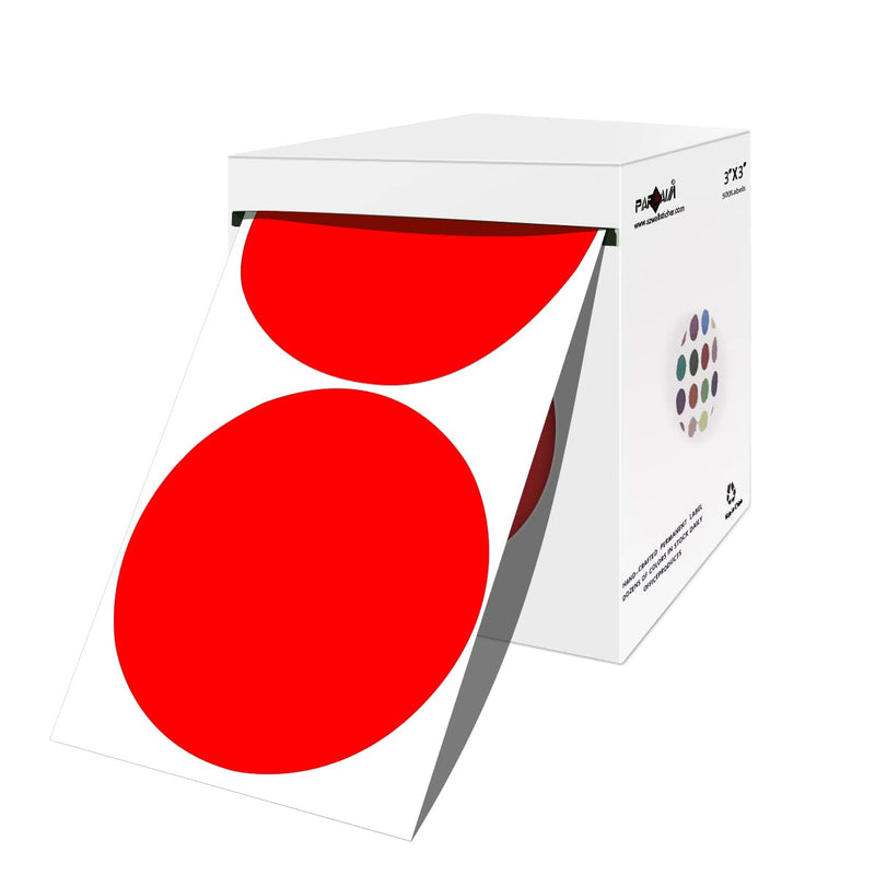 PARLAIM 3 Inch Round Color-Code Dot Stickers, 500 Color Coding Circle Labels per Roll Dispenser Box for Inventory, Red 1 Roll-500PCS