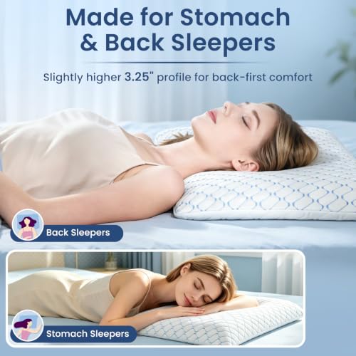 3.25" Ultra Thin Memory Foam Pillow with Cool-to-Touch Cover, Low Profile Flat Bed Pillow for Back & Stomach Sleepers, Standard Size 3.25'' Low Profile - Low+