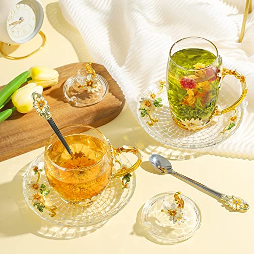 Floral Yellow 12oz Hand Painted Glass Teacup with Lid, Spoon & Saucer - Gift for Mom, Teacher, Lovers - Christmas, Valentine's Day, Mother's Day 12oz Crystal Daisy