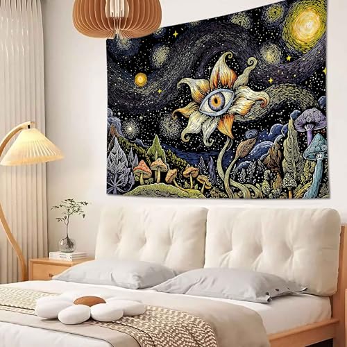 Yeoiat Tapestry Cosmic Flower Tapestries Mushroom Landscape Wall Hanging Starry Night Visionary Botanical Art Decor Bedroom Dormitory 90"x70" 90"L x 70"W Blue Mushroom