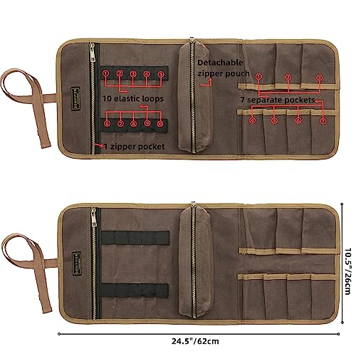 Denifiter grey waxed canvas tool bag and wrench tool roll with detachable pouch and zipper pockets
