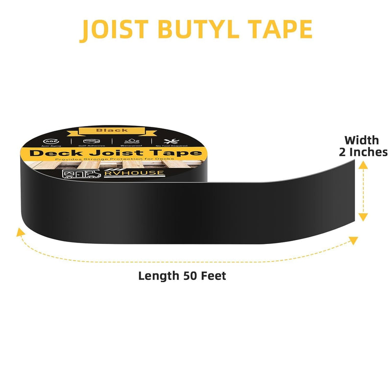 Deck Joist Tape 2 Inch x 50 Ft – Waterproof Butyl Sealant Tape for Extreme Temperature, UV Resistant & Anti-Corrosion, Ideal for Wood Joists, Beams, RV Roof & Outdoor Deck Protection 2" x 50 Ft Black 1 pack