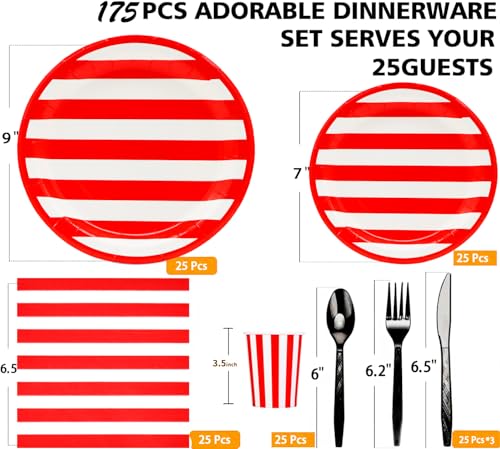 175Pcs Red and White Stripes Party Supplies Set 9"Red and White Striped Plates7"Red carnival Plates Napkins Cup Knive Fork Spoon for Striped Carnival Picnic BBQ Independence Day Party Decor Serve25