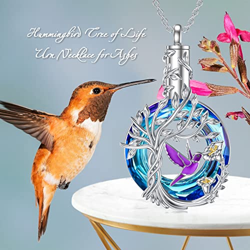 TOUPOP Owl/Hummingbird Tree of Life Necklace Sterling Silver Crystal Pendant Necklaces Jewelry Gifts for Women 4-Purple Hummingbird (Urn)