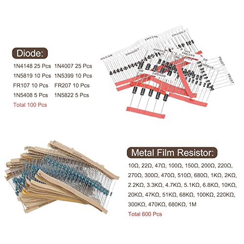 PATIKIL Electronics Component Assortment Kit, 1490Pcs Metal Film Resistors, LED Diodes, Common Diodes, Transistors, Electrolytic Capacitor, Ceramic Capacitors