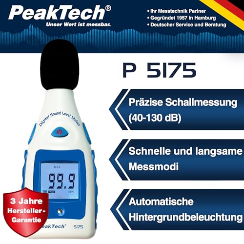 PeakTech P 5175 Digital Sound Level Meter 30-130 dB in A-Rating 1/2 Inch Microphone, Class 2, Noise Measurement, Pack of 1 Single