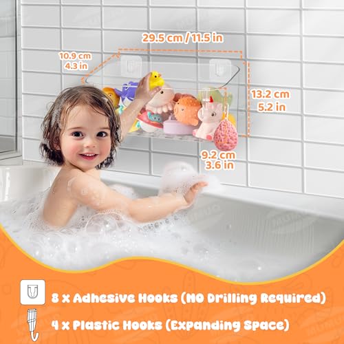 Two clear adhesive shower caddies for baby and toddler bath toys, rectangular storage bins by MUMUQ, ideal for bathroom organization.
