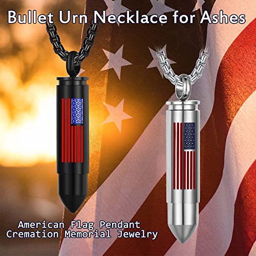 Bullet Urn Necklace for Ashes Stainless Steel Box Chain 24 inch American Flag Pendant Cremation Memorial Jewelry for Men Flag Silver