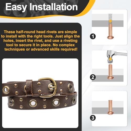 uxcell 150 Pcs Copper Solid Rivets, 0.16"x0.39" Half Round Head Rivet Metal Fasteners for Electrical Applications, Leather DIY Craft Supplies (M4x10) 0.16"x0.39"