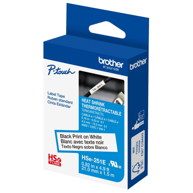 Brother HSe251E ~4/5in (21mm) Black on White Heat Shrink Tube, 3:1 Electrical Shrink Wrap Labeling Tape for AWG 0-10, 4.9 ft (1.5m) Cassette for P-Touch Industrial Heat Shrink Label Printers New Packaging