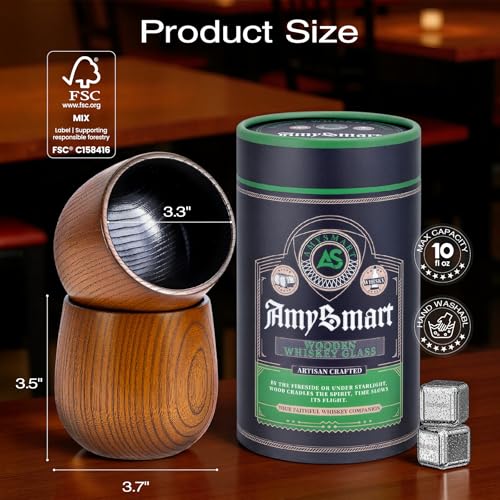 Handcrafted Wooden Whiskey Glass with Gift Tube – Charred Old Fashioned Glass,Charred Bourbon Drinking Cup | Unique Whiskey Gift for Men, Dad, Husband, Friends, Birthday & Holiday (2 Pack Charred) 2 Pack Charred