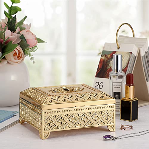 Hipiwe Gold Vintage Jewelry Box Rectangle Metal Trinket Organizer for Women Medium