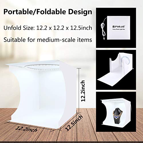 PULUZ 30cm Ring Light Photo Studio Light Box, Adjustable Portable Photography Shooting Light Tent Kit with White/Warm/Soft Lighting 128pcs LED Lights + 6 Backdrops for Product Display 12*12 Inch - A