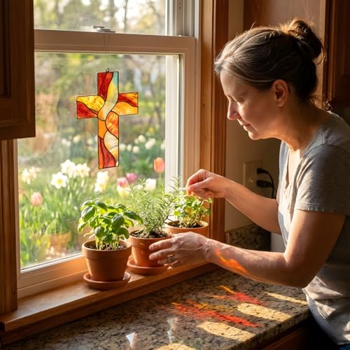 Amber Christian Cross Resin Suncatcher Size 6 Inches, Boho Stained Glass Effect Window Hanging Garden Decor, Gift for Mother's Day Mom Grandma Wife Women
