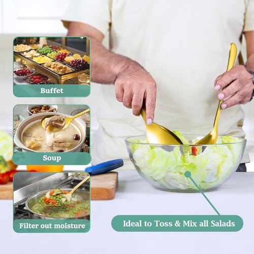 Teivio Hammered Stainless Steel Metal Serving Utensils Set of 9, 10" Serving Spoons, 10" Slotted Spoons, 9" Serving Tongs, Large Hostess Serving Set for Parties Chafing Dish Buffet Catering (Gold) Gold-9pcs-Hammered