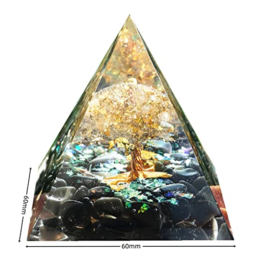 Tree of Life Orgonite Pyramid Kit White Quartz with Obsidian Stone Positive Reiki Energy Generator Crystal Healing Orgone Collection Wealth Lucky Meditation Tool Clear-black