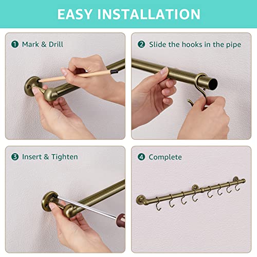 ROTHLEY Stainless Steel Hanging Pot Rack Hanger: 23.7 Inch Pot and Pan Hanger Wall Mounted Hanging Pot Bar Rack Heavy Duty Pot Hangers Kitchen Rail with 8 S Hooks (Antique Brass) Antique Brass