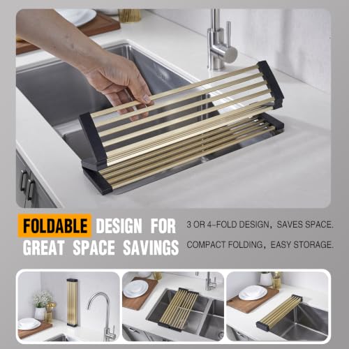 Nicmondo foldable over sink dish drying rack with brushed gold finish, 19.7" x 11.42", featuring a cuttable silicone edge.