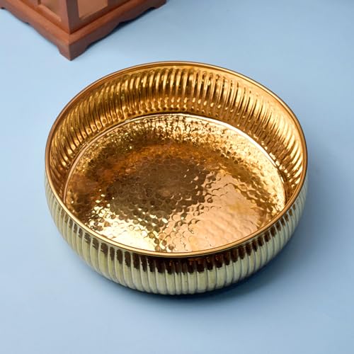 SATVIK Decorative 9.5 Inch Classic Pattern Embossed Brass Urli for Floating Candles Tea Lights Flowers Handcrafted Bowl Indian Festive for Home Office Mandir Living Room Table Top Diwali Décor Items DESIGN 2