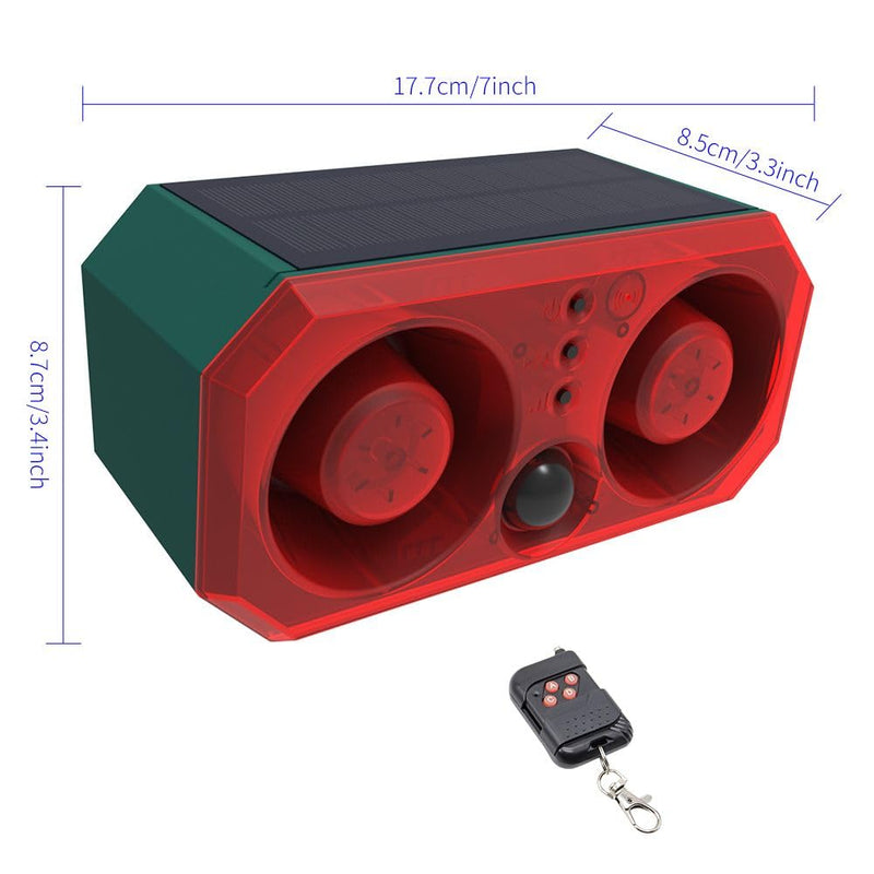 [Australia - AusPower] - HULPPRE Solar Outdoor Motion Sensor Alarm-13 Sounds Including Dog Barking&Gunshot,2*130db Loud Noise Maker,+/-Volume,4 Modes,Support Recording,Strobe Light with USB,Say Goodbye to The Intruders Dual speakers&13 sounds alarm 