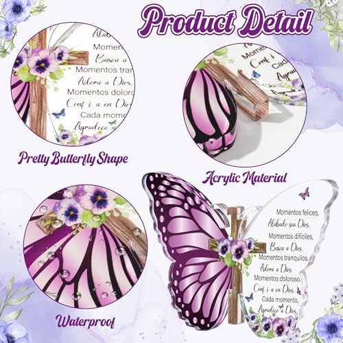 JAPBOR Acrylic Christian Religious Gifts - Spanish Bible Verses God Faith Inspirational Scripture Present for Women, Serenity Butterfly Cross Prayer Keepsake Desk Decor for Home Birthday (Violets) Violets