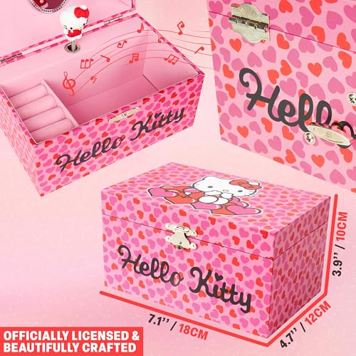 Hello Kitty Sanrio Musical Jewelry Box for Girls Teens Women Kawaii Wind Up Music Box Jewelry Organizer Ring Holder Gifts for Women (Pink