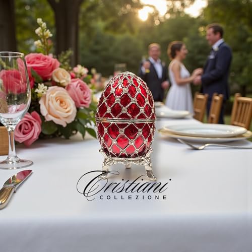 Rhodium Plated Peweter Musical Egg Trinket Box, Red Enamel with Austrian Crystals, 2.5 x 2.5 x 4 inches