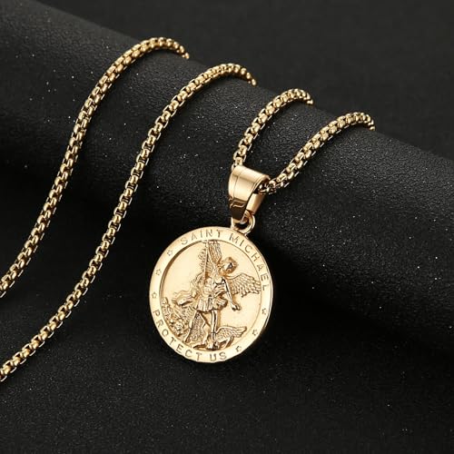AsAlways St Michael Pendant for Men, with 22"+2" Rolo Chain Gold