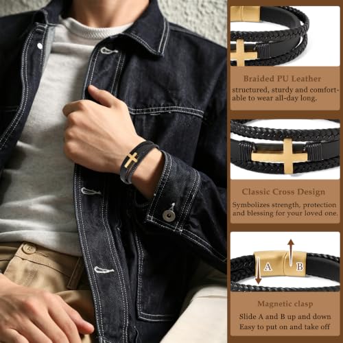 Men's Bracelets, 21cm Multi-Layer Braided PU Leather Bracelet Mann Cross - Gold