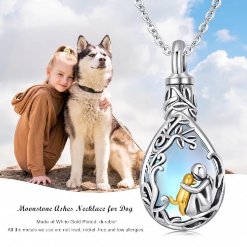 CHENGHONG 925 Sterling Silver Ashes Necklace for Dog - Cremation Jewellery Moonstone Urn Keepsake Memorial Gifts for Pet Lover Loss of Dog Women
