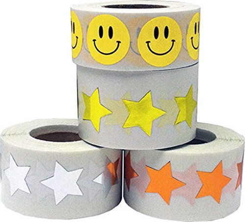 3/4" Metallic Gold, Metallic Copper, Metallic Silver Star Stickers & Yellow Happy Face Stickers Pack- 2,000 Total Adhesive Labels