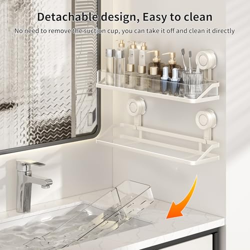 Two white Bxmeet suction cup shower caddies with bathroom organizer shelves mounted in a shower area.