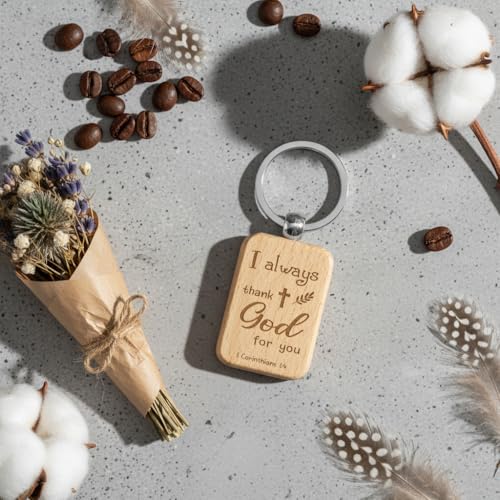 Christmas Gifts Wooden Keychain,Religious Gifts for Women,Christian Gift for Women,Christian Gift for Men,Unique Christening Presents,Baptism Presents for Adults,Godparent Present,Bible Verse Present I Always Thank God for You-wooden Keychain