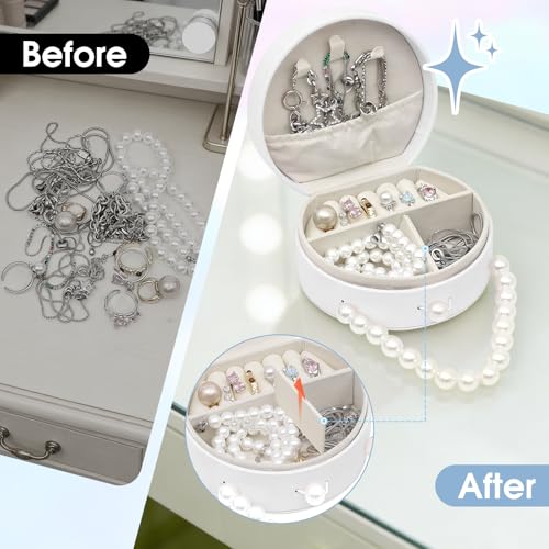 6 Pack Bridesmaid Proposal Gifts Set, Bulk Jewelry Boxes with 6 Cards, Small Travel Jewelry Case Organizer, PU Leather Mini Pearl Handle, Jewelry Box Travel Holder for Wedding Party (White) White