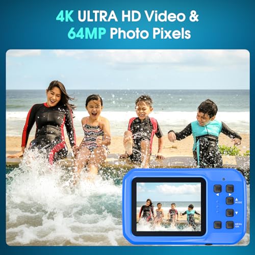 4K Underwater Camera, 64MP 16FT Compact Waterproof Camera with 16GB Card Blue