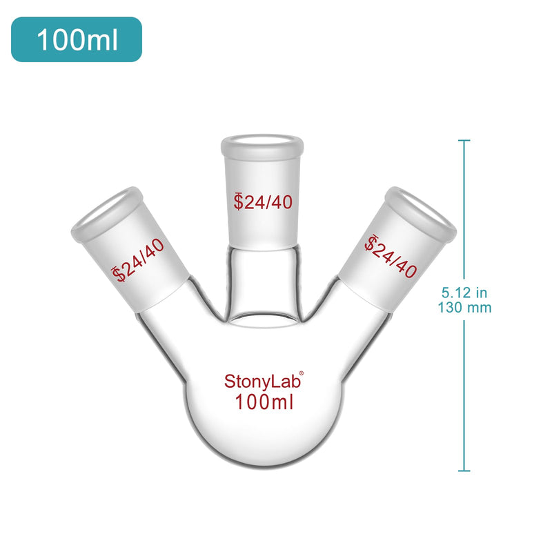 StonyLab Borosilicate Glass 3 Neck Round Bottom Flask RBF, with 24/40 Center and Side Standard Taper Outer Joint – 100ml 100 ml