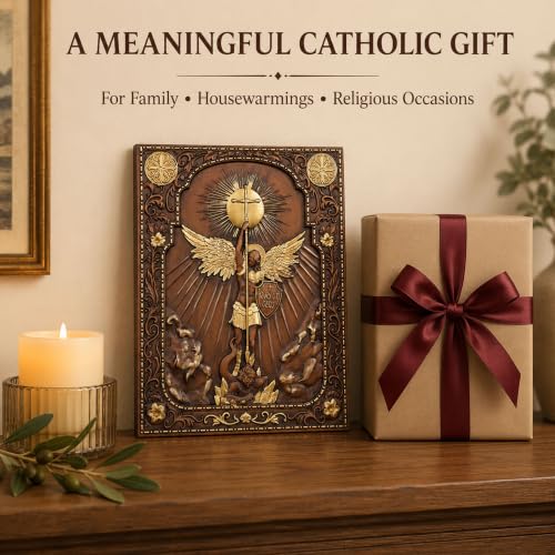 QIADGE st michael the archangel statue Sculpture Wall Hanging Wooden Carved Home Decor Plaque Crafts Christian Gift catholic decor(10 * 8 in) 10"L x 8"W