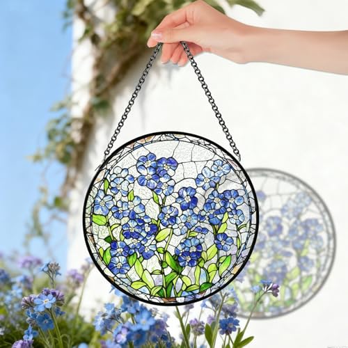 8 Inch Handmade Forget Me Not Stained Glass Suncatcher, Blue Floral Window Hanging Decor, Memorial Gift for Plant Lovers, Couples, Best Friends & Family Forget-me-not
