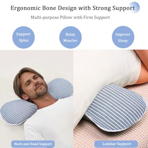 Buckwheat Pillow Cervical Neck Pillow, Buckwheat Hulls Filling Cooling Lumbar Support Pillow, Adjustable Firmness Ergonomic Design with Washable Cover, Blue 19"X7"