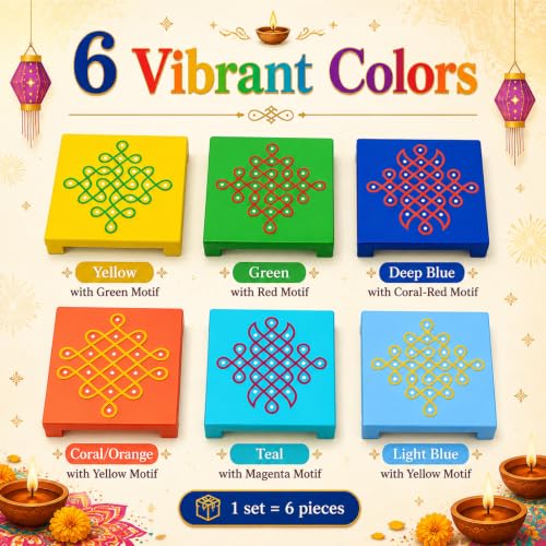 Kathfly 6 PCS Diwali Wooden Pooja Stand, 5 inch Puja Chowki Gifts Colorful Square
