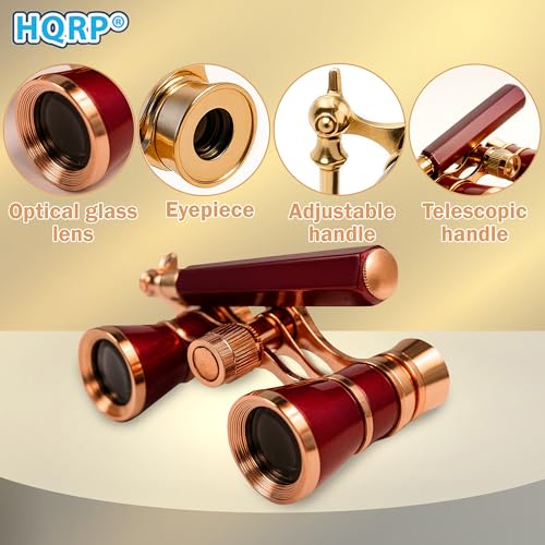 HQRP 3 x 25 Opera Glasses Theater Binoculars w/Crystal Clear Optic (CCO) & Built-in Extendable Handle, Burgundy with Gold Trim, for Adults Kids Women, in Musical Concert Sport Events, Gift Box
