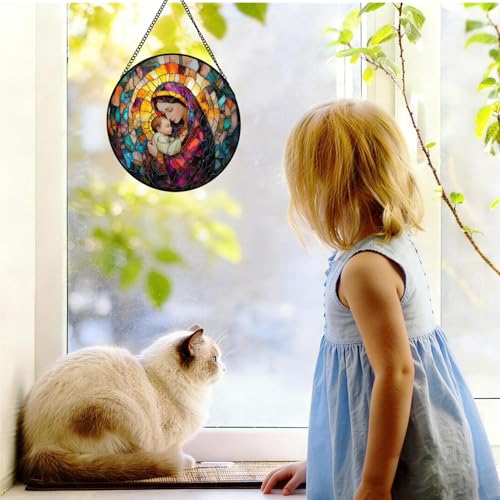 Madonna Child Stained Glass Hanging, Christian Suncatcher Decor Virgin Mary and Baby Jesus