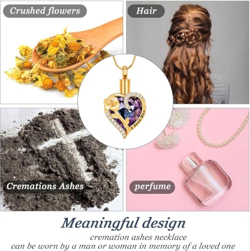 Heart Urn Necklace for Ashes Flower Crystals Cremation Jewelry for Women Purple-Gold