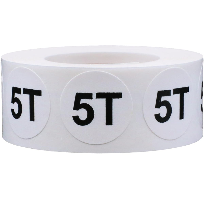 White Circle 5T Clothing Size Stickers for Retail Apparel 0.75 Inch 500 Total Adhesive Labels