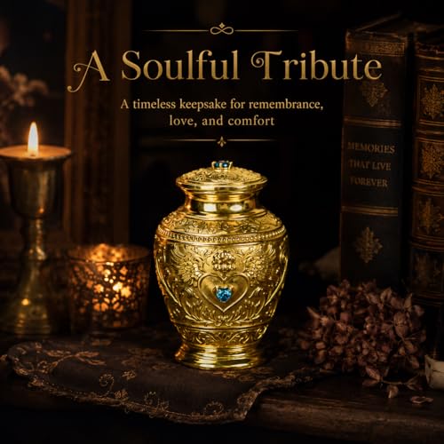 Premium Solid Brass Memorial Urn – Angel & Baroque Relief Design with Sapphire Inlay, Luxury Keepsake for Ashes of Pets or Loved Ones (Aging) Aging