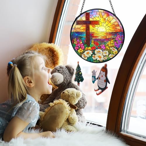 TNUW Cross Flower Stained Glass Window Hanging, Christian Wildflower Sunset Landscape Sun Catchers Indoor Window Glass Round Wall Art Decor, Religious Wall Hanging Decorations, 7.9＂x7.9＂