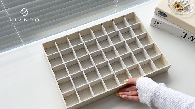 VLANDO Stackable Jewelry Tray, 40-Grid, Soft Velvet, Removable Dividers Beige 40 Grids 1