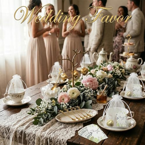 30 Sets Bridal Shower Tea Party Favor Include Organza Bag Thank You Card Heart Shape Infuser Ball Leaf Tea Spoon for Guest Wedding Souvenir Gift(Gold)